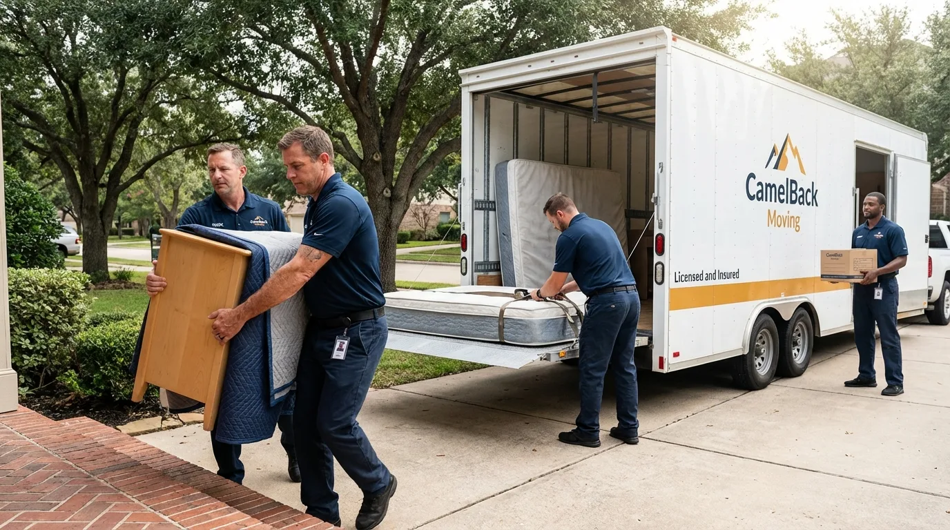 Crew loading residential truck for cross-state move from Albion, NE