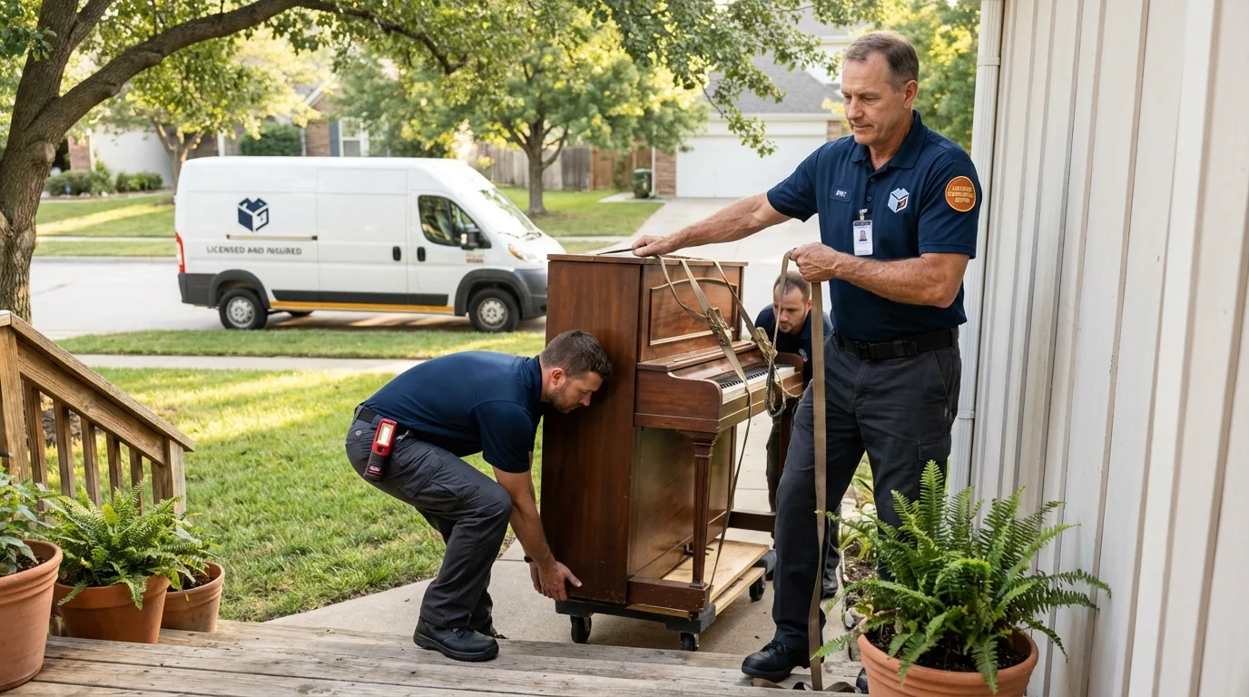 Licensed piano movers securing grand piano in Albion, NE