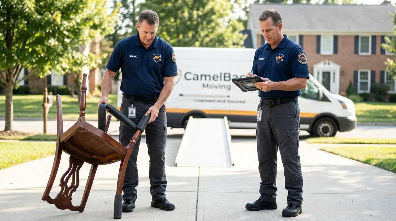 Movers inspecting furniture for damage prevention before loading in Albion, NE
