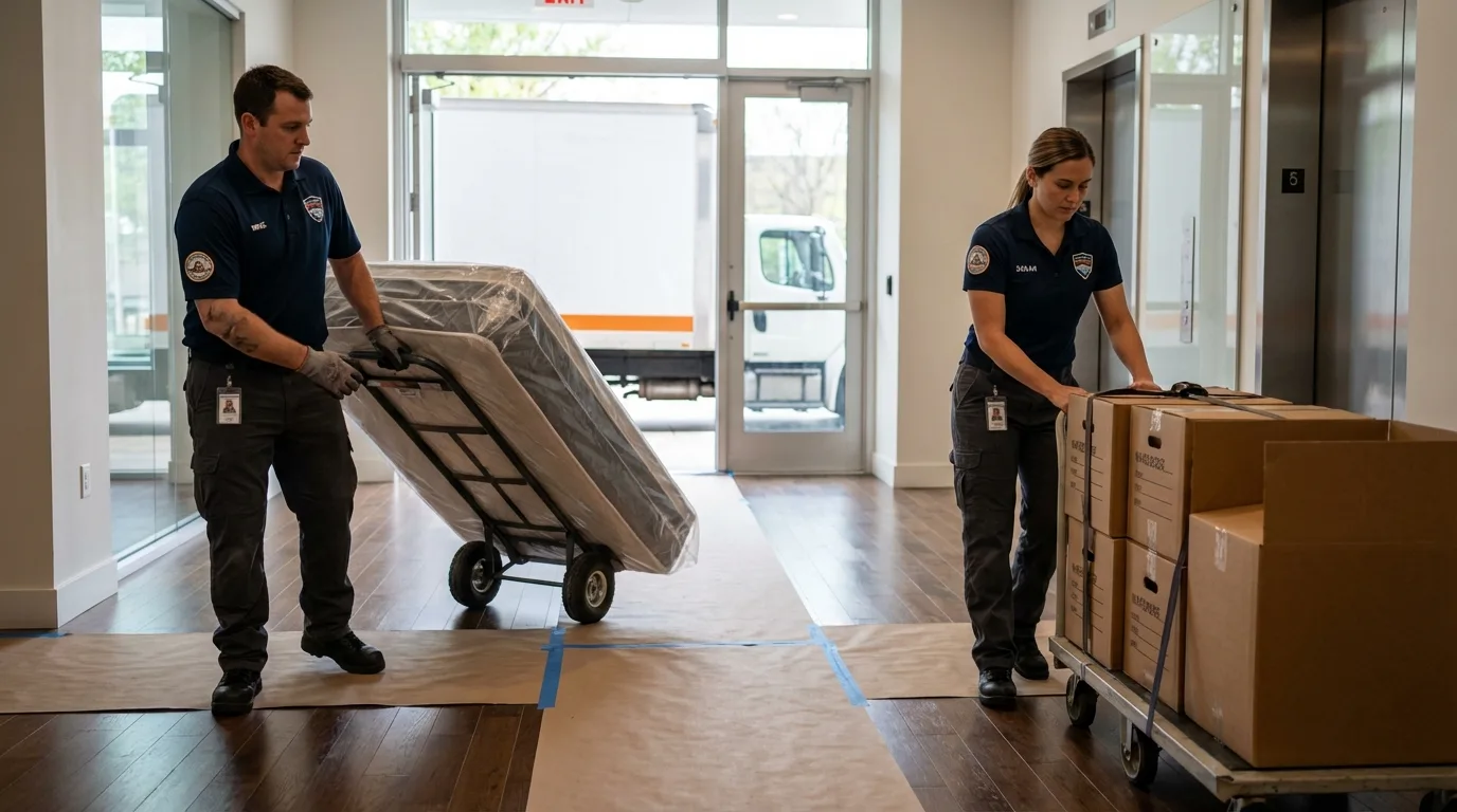 Professional apartment movers loading elevator in Albion, NE