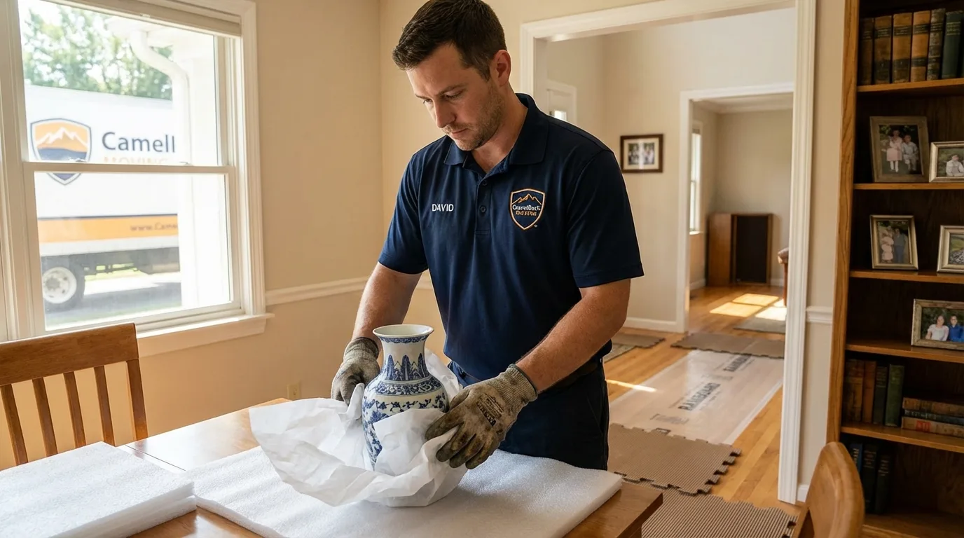 Professional crew carefully wrapping antique vase for senior downsizing move in Albion, NE